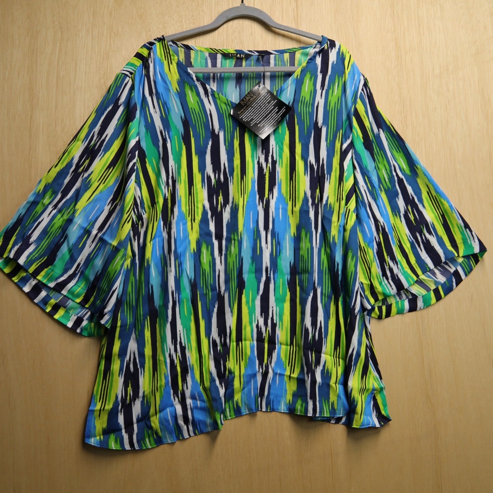 Formal Chic Blue Green Abstract Ikat Print V-Neck Kimono Sleeve Blouse 3X